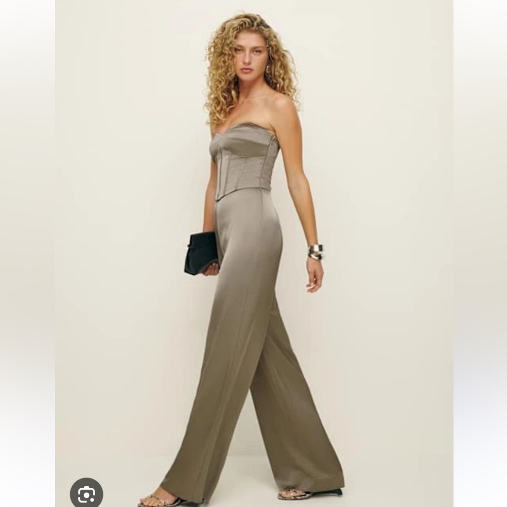 Reformation “Paicie” Strapless Jumpsuit with Wide-Leg Design in Taupe